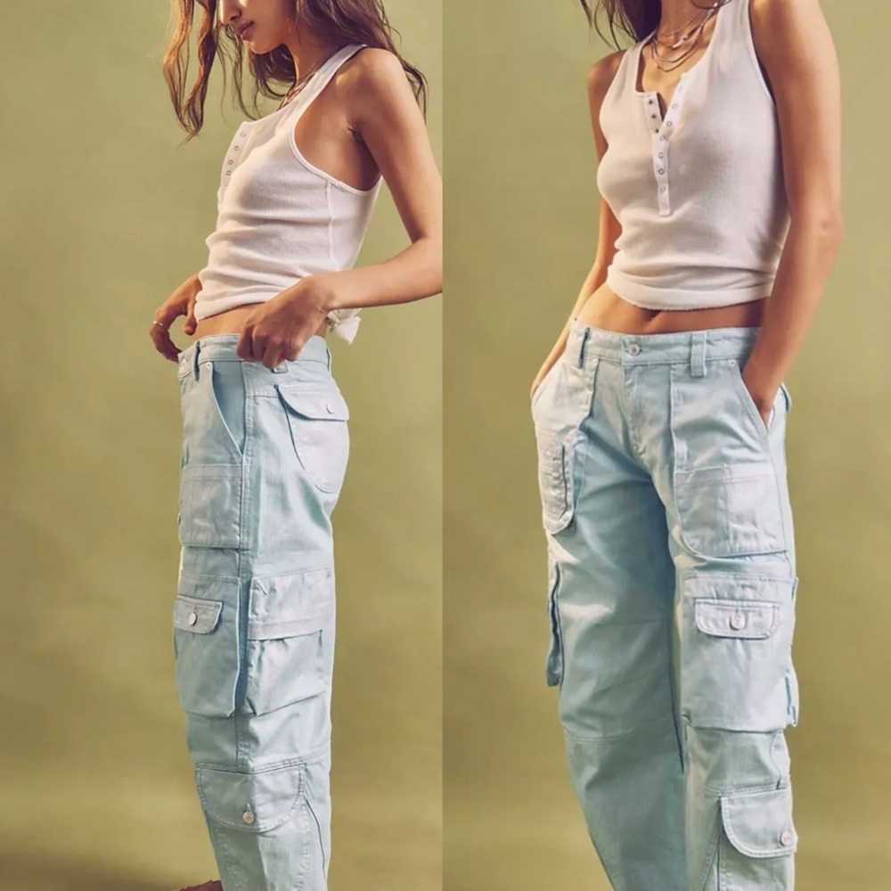 Free People Lap Of Luxury Barrel Cargo Jeans Metallic Coating Aqua Marine